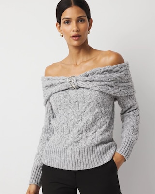 Off-The-Shoulder Rhinestone Cable Knit Sweater | White House Black